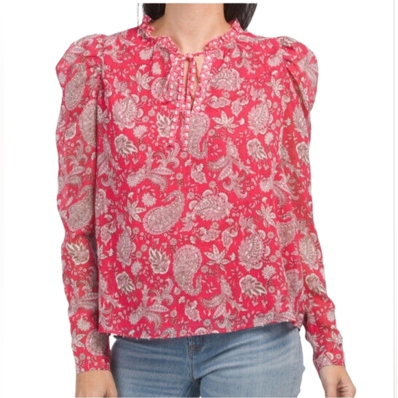 Cupcakes and Cashmere Pink Paisley Puff Sleeve Blouse S - Picture 1 of 7